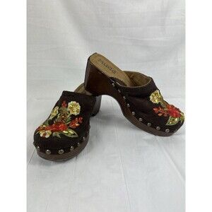VTG Mudd Brown Suede Embroidered Clog Heels Boho Y2K Studded Platform Mules 8.5